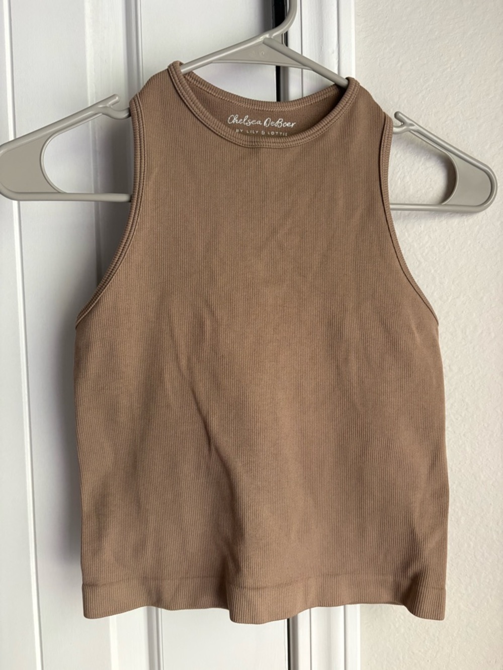 Chelsea DeBoer Racerback Sleeveless Ribbed High-Neck Tank in Taupe